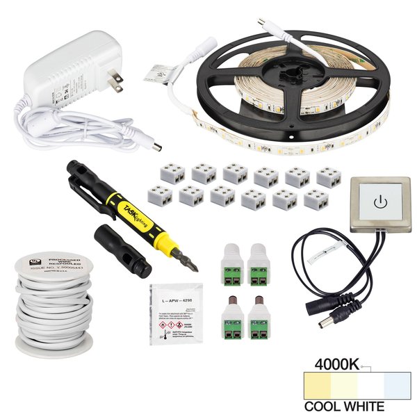 Task Lighting 16 Ft., 120 Lumens/Ft. 12 V Accent Output Tch Dimmer Switch Tape Light Kit, Sgl-Wht, Cool Wht 4000K L-RTDK-16-40